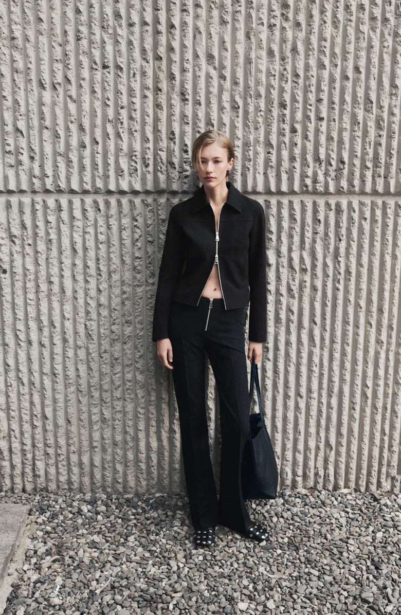 MANGO Zip Front Stretch Flare Pants, Alternate, color, Black