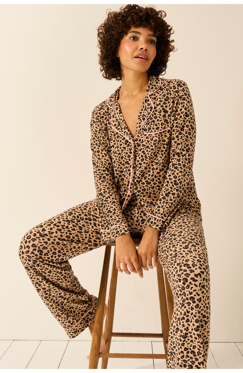 Stripe & Stare Long Pyjama Set, Main, color, Peach Latte Leopards