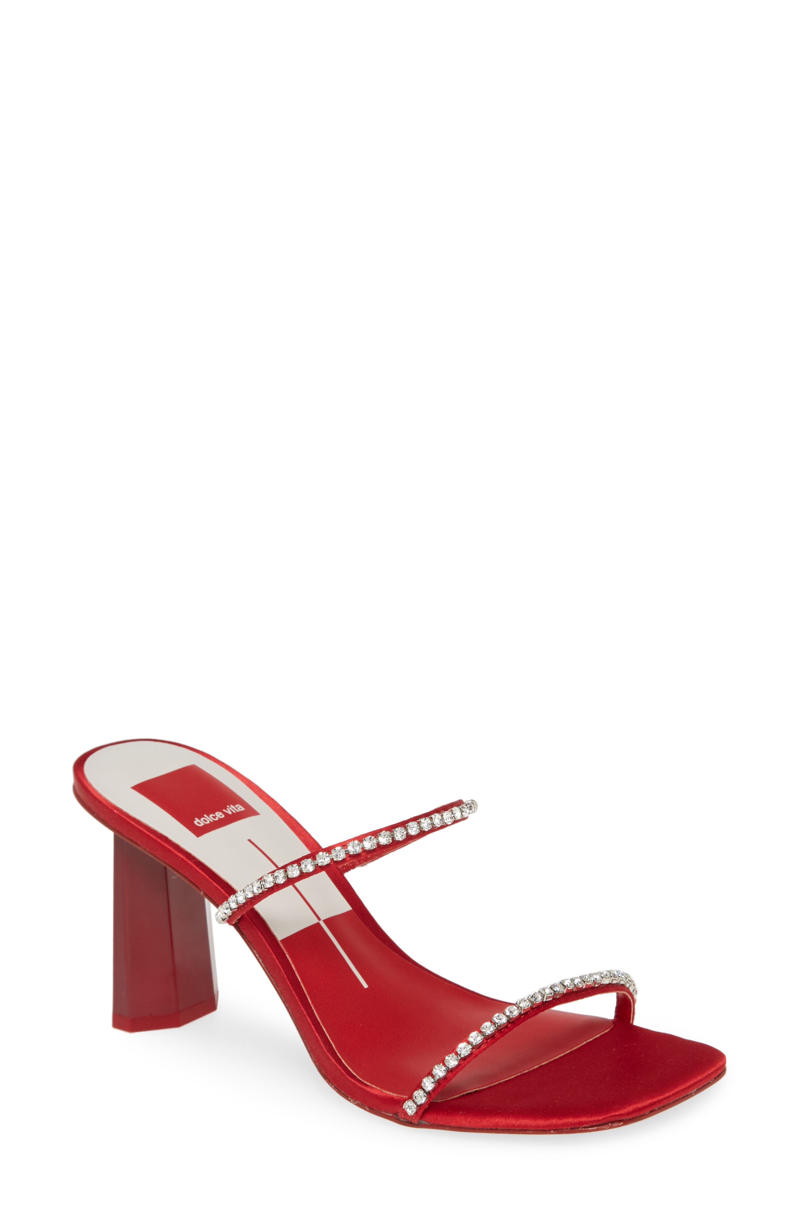 Naylin Crystal Embellished Slide Sandal, Main, color, RED SATIN