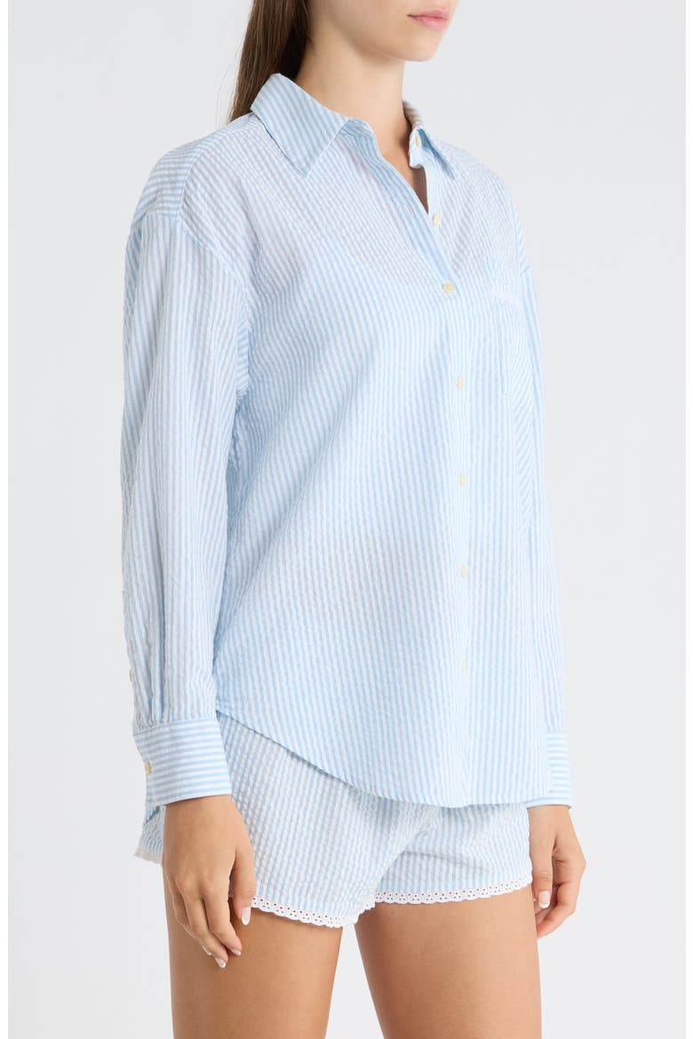 Eyelet Trim Seersucker Cotton Pajama Top, Alternate, color, WHITE- BLUE HICKORY STRIPE