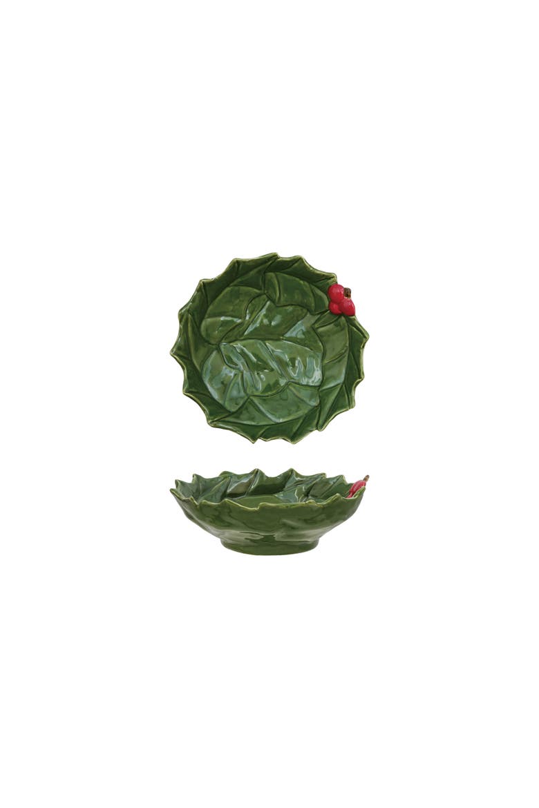 Hand-Painted Dolomite Holly Bowl with Berries, Alternate, color, Red and Green