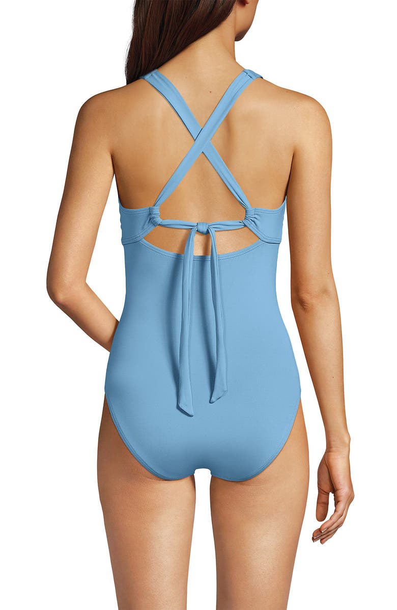 Lands' End Chlorine Resistant Knot Front V-neck High Leg One Piece Swimsuit, Alternate, color, Washed Blue Silver