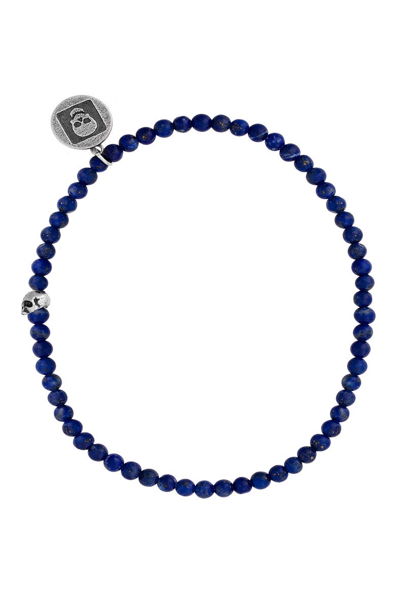 Skull Lapis Lazuli Beaded Stretch Bracelet, Main, color, BLUE/SILVER