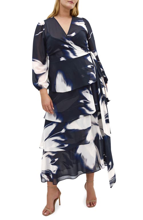 City Chic Selene Floral Print Long Sleeve Wrap Dress in Blurred Fl 