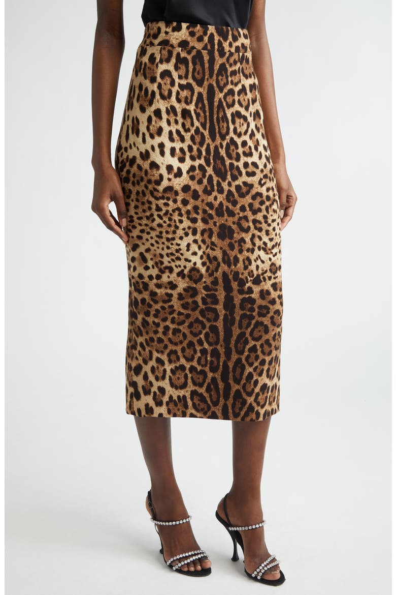 Leopard Print Stretch Silk Charmeuse Pencil Skirt, Main, color, LEO NEW