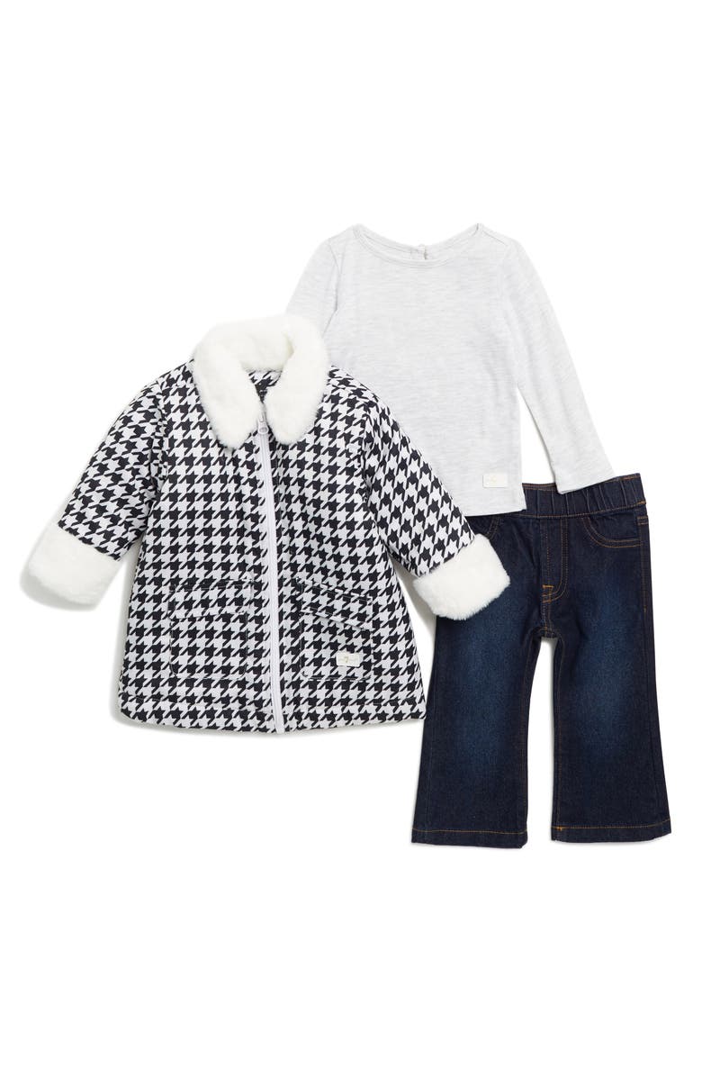 7 For All Mankind Faux Fur Houndstooth Jacket, Long Sleeve Tee & Denim Set, Main, color, 