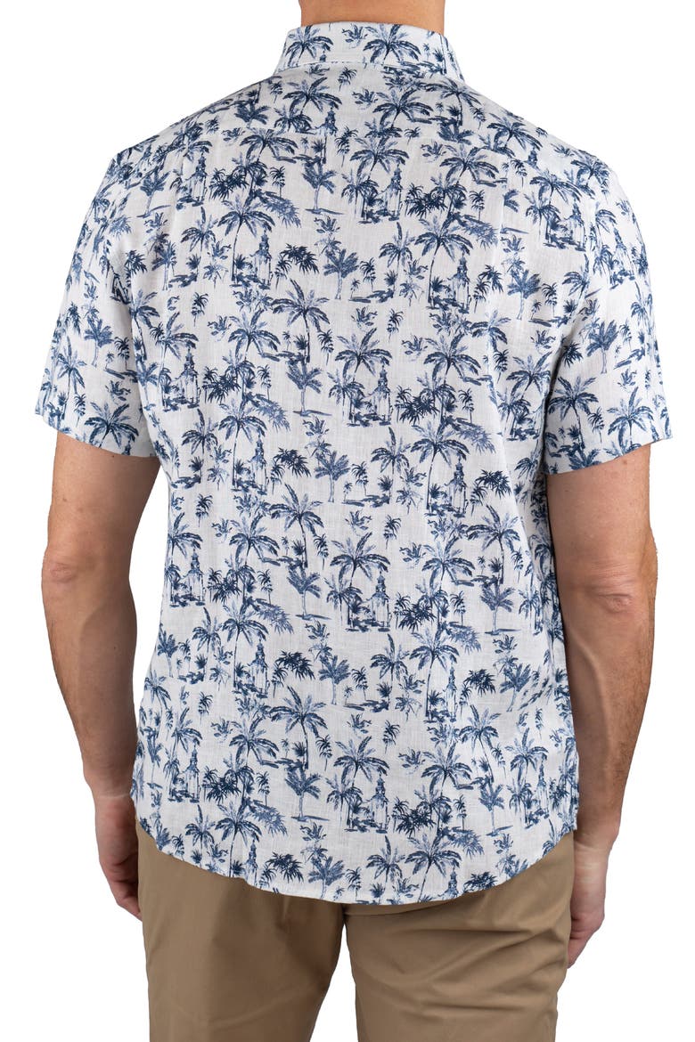 Palm Tree Print Short Sleeve Linen Button-Down Shirt, Alternate, color, INDIGO GAZEBO