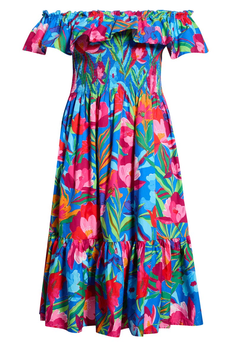 Naima Floral Off the Shoulder Smocked Midi Dress, Alternate, color, COBALT-PINK-MULTI