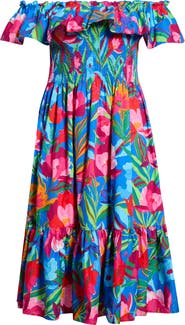 SUGARLIPS Naima Floral Off the Shoulder Smocked Midi Dress