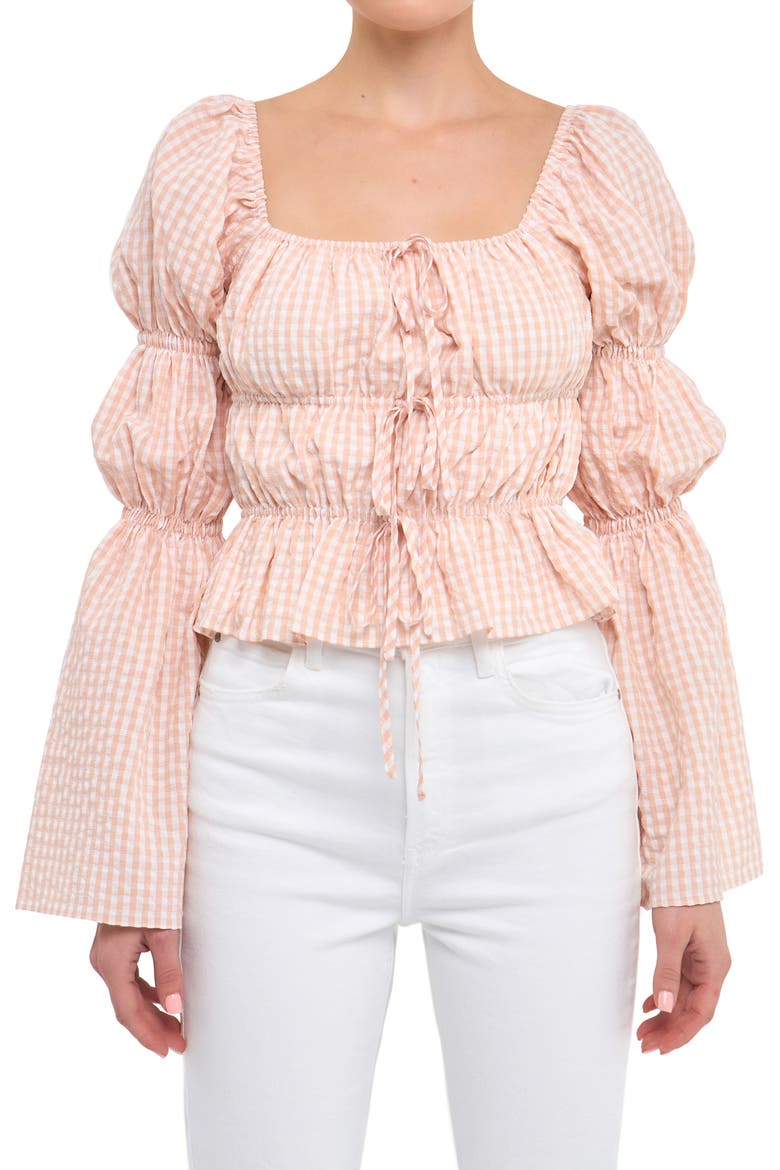 Front Tie Shirred Puff Sleeve Top, Alternate, color, BLUSH