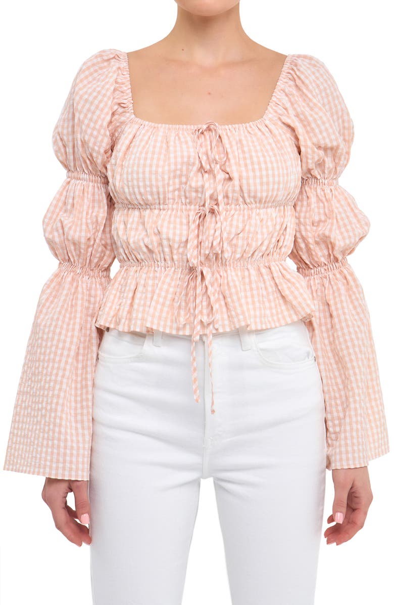 English Factory Front Tie Shirred Puff Sleeve Top, Alternate, color, Blush
