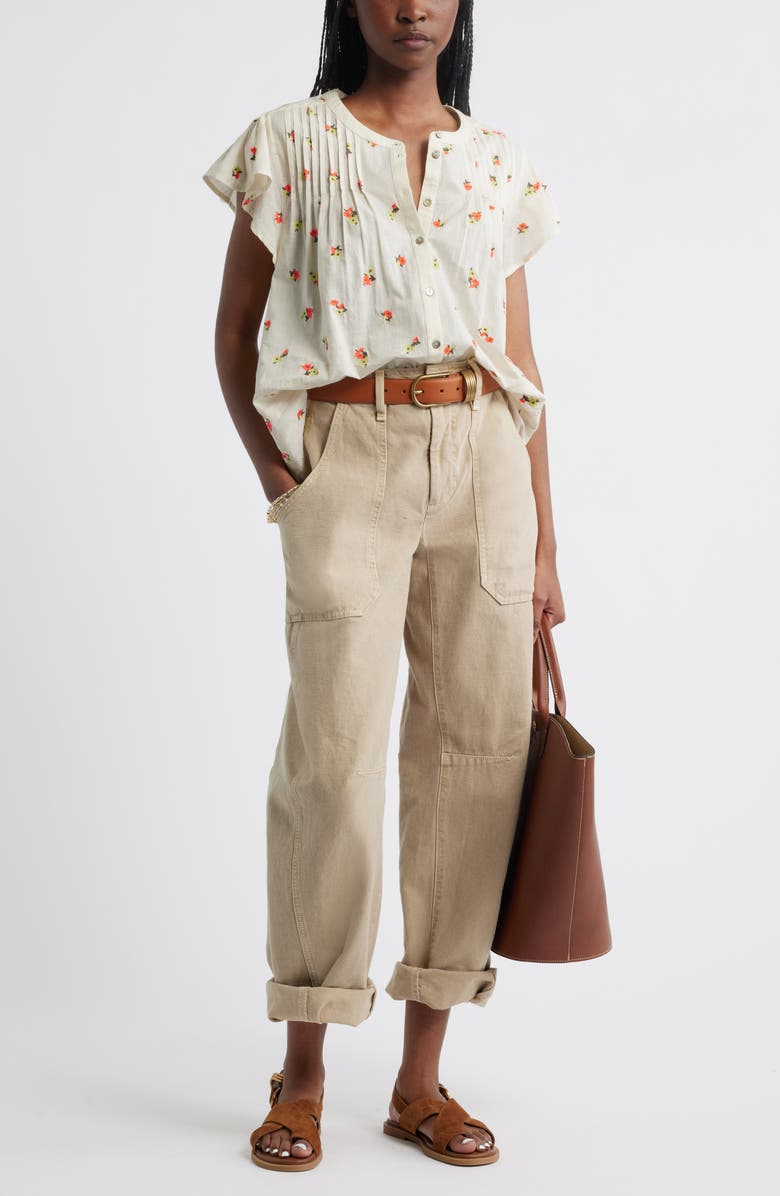 Treasure & Bond Floral Cotton Pintuck Flutter Sleeve Top, Alternate, color, Ivory- Coral Falling Ditsy