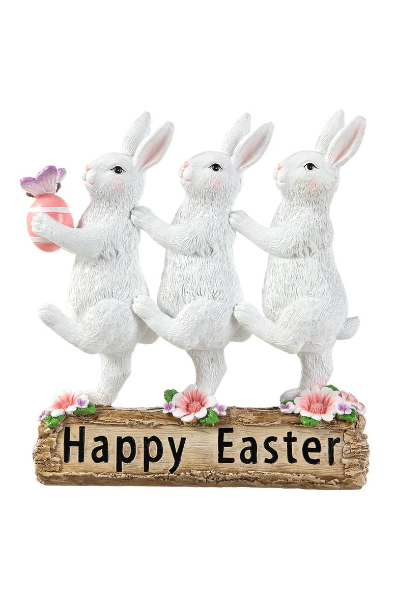 Glitzhome 9.25"H Easter Resin Triple Bunny Table Decor, Main, color, White