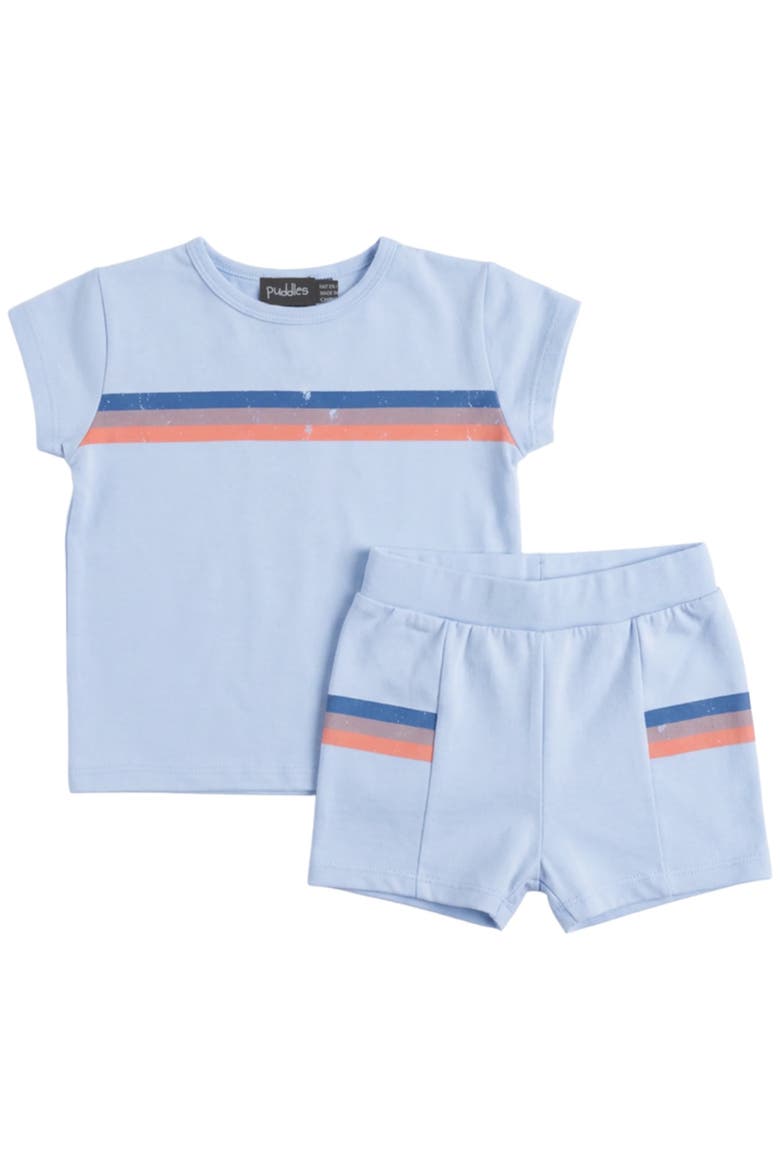 Multi Color Stripe Ribbed Neck Top & Elastic Waist Shorts Two Piece Set, Main, color, Blue