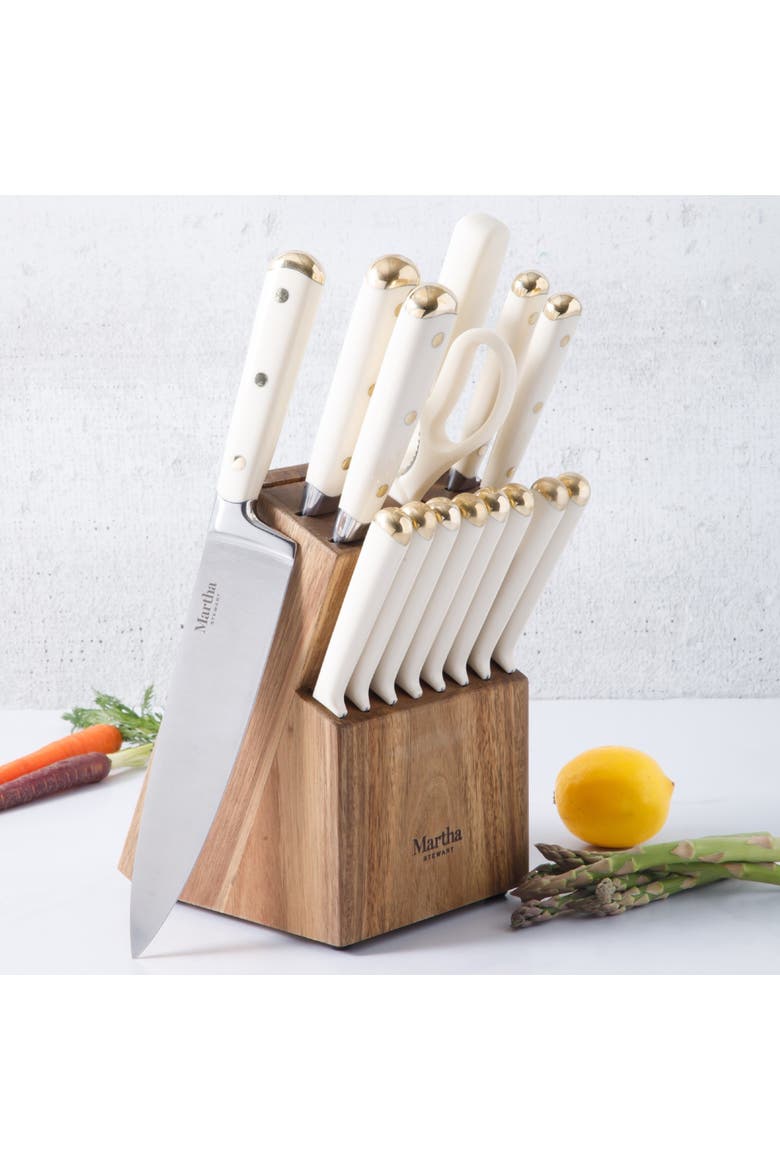 Lockton High-Carbon Stainless Steel Knife Block Set with Acacia Wood Block, Alternate, color, Linen White/Gold