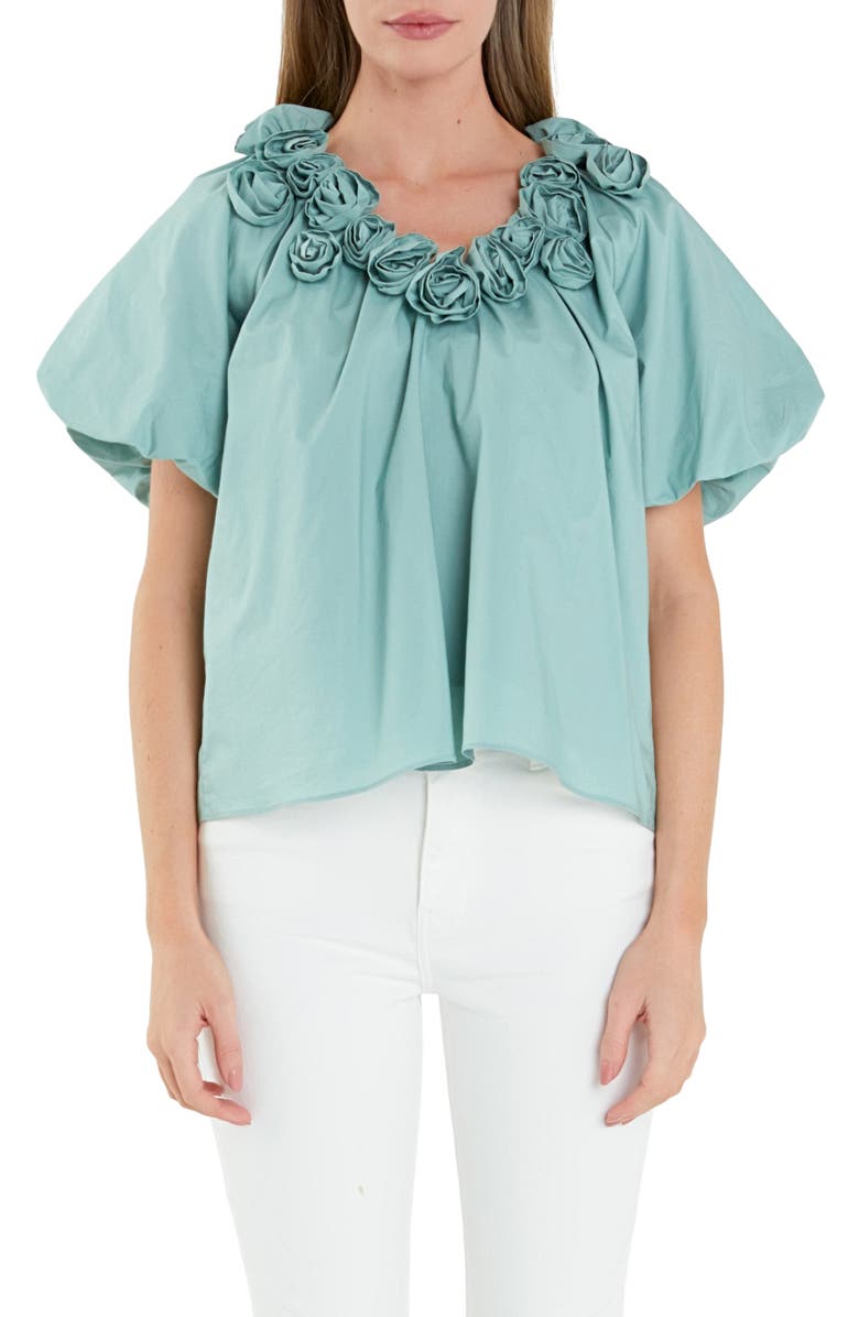 English Factory Rosette Puff Sleeve Cotton Poplin Top, Main, color, Sage
