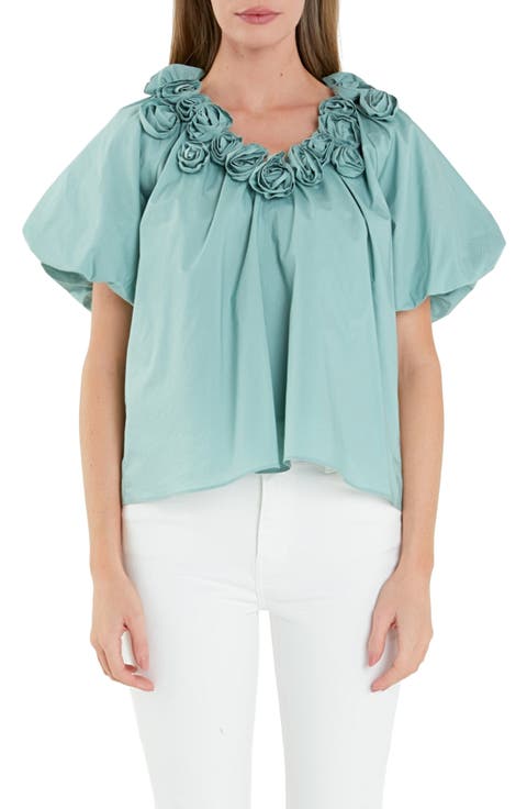 Rosette Puff Sleeve Cotton Poplin Top