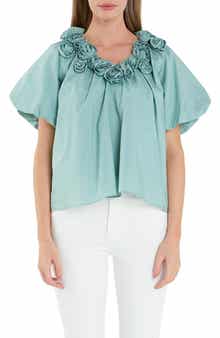 English Factory Rosette Puff Sleeve Cotton Poplin Top
