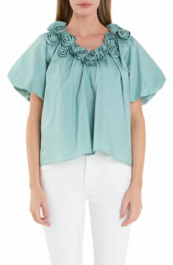 English Factory Rosette Puff Sleeve Cotton Poplin Top