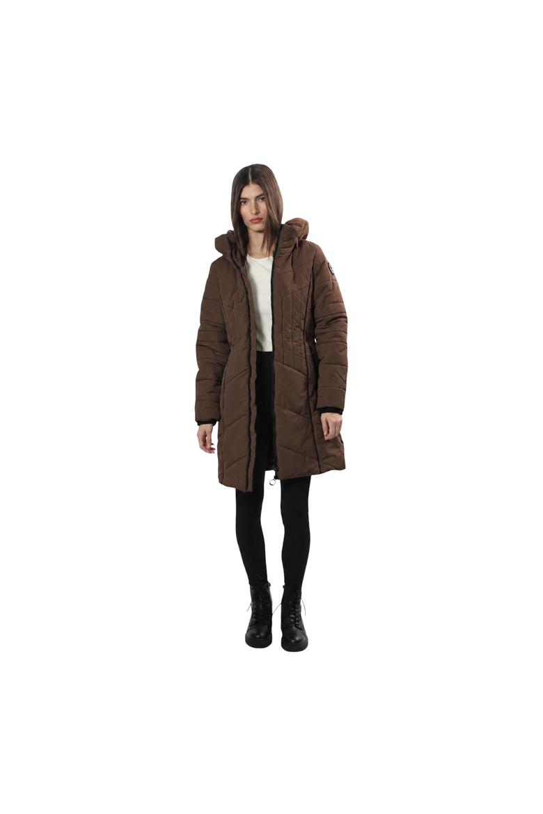 Women's Long Puffer Jacket with  Faux Fur Trim, Alternate, color, Chocolate