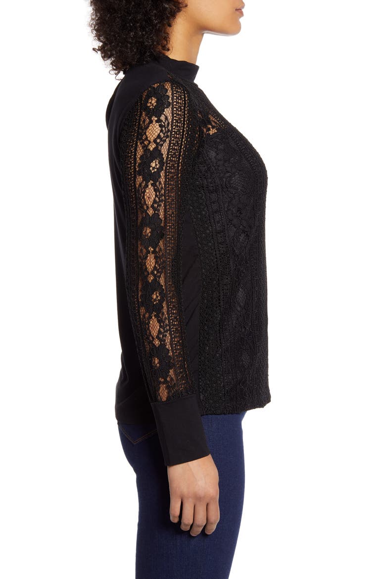Lace Mock Neck Top, Alternate, color, BLACK