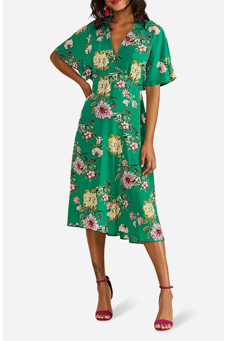Floral Kimono-Inspired Midi Dress, Alternate, color, Green