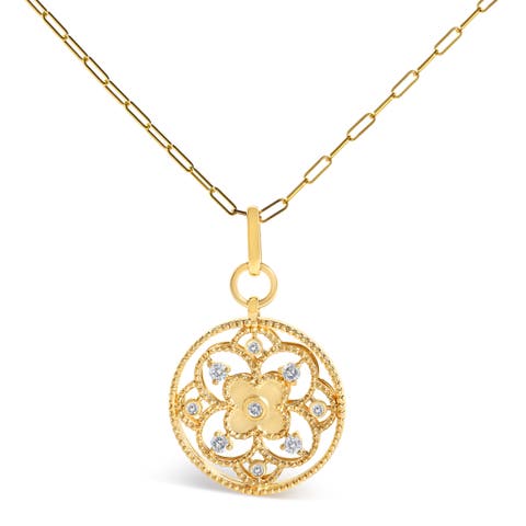 14k Yellow Gold 1/4 Cttw Diamond Filigree Flower Medallion Pendant Necklace