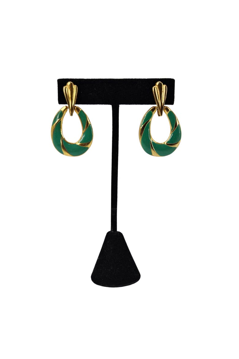 Vintage 1970s Green Enamel Oval Earrings, Alternate, color, Gold