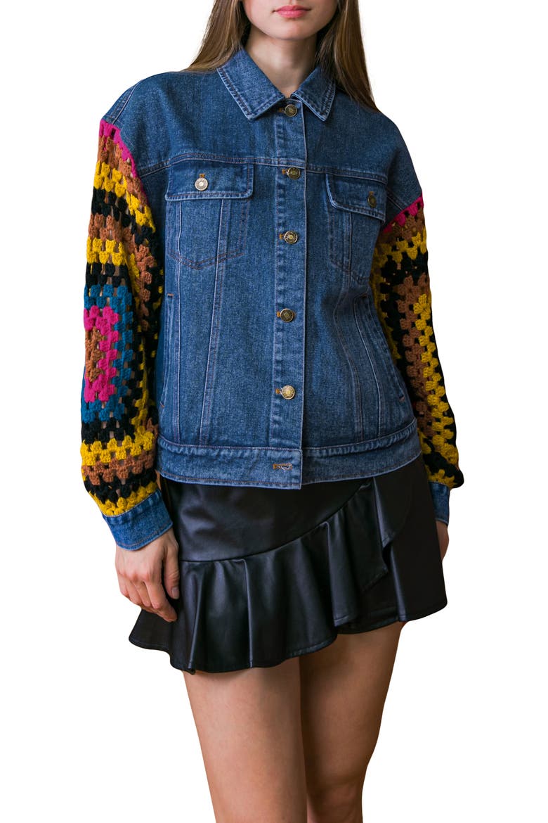 Crochet Trim Denim Jacket, Main, color, MEDIUM INDIGO