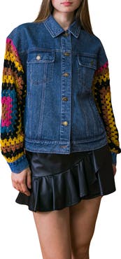 FLYING TOMATO Crochet Trim Denim Jacket