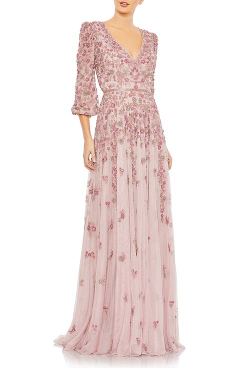 Embellished V Neck 3/4 Sleeve A Line Gown