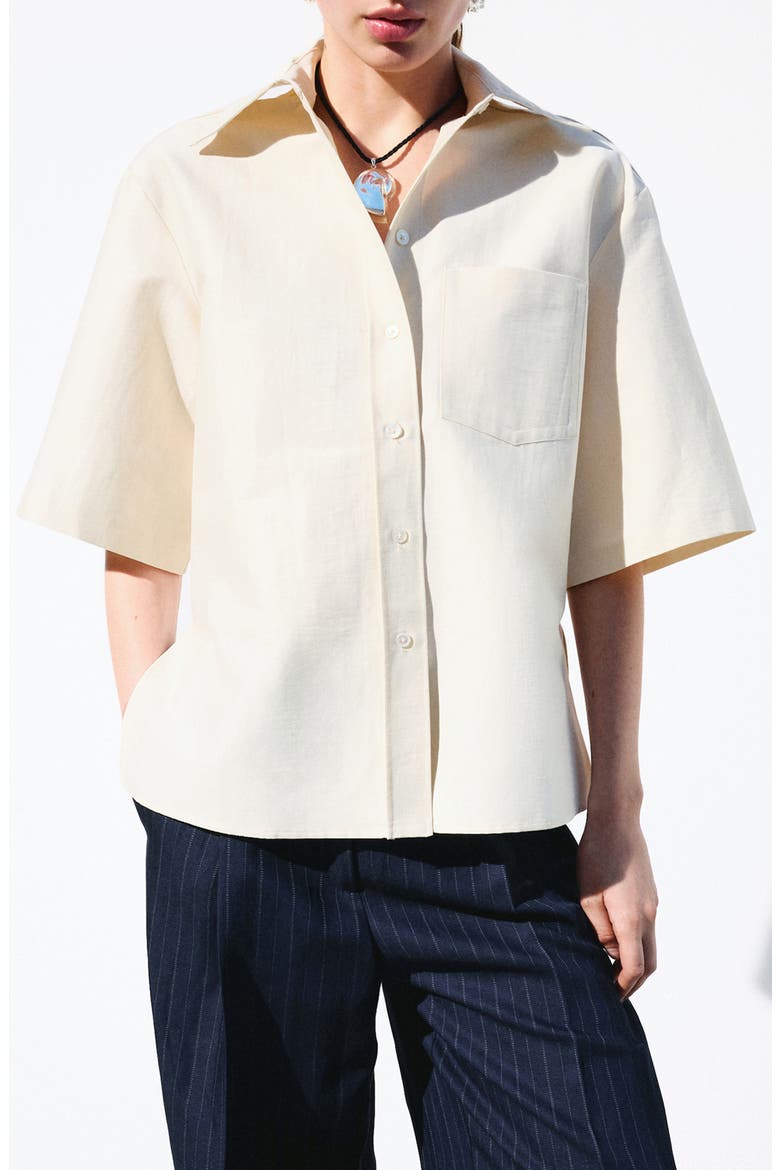Cotton Blend Tie Back Button-Up Shirt, Main, color, BEIGE