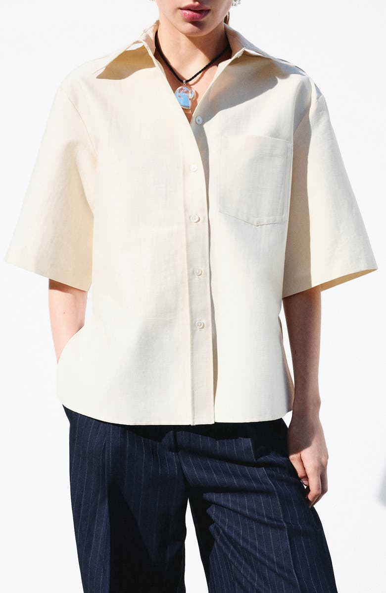MANGO Cotton Blend Tie Back Button-Up Shirt, Main, color, Beige