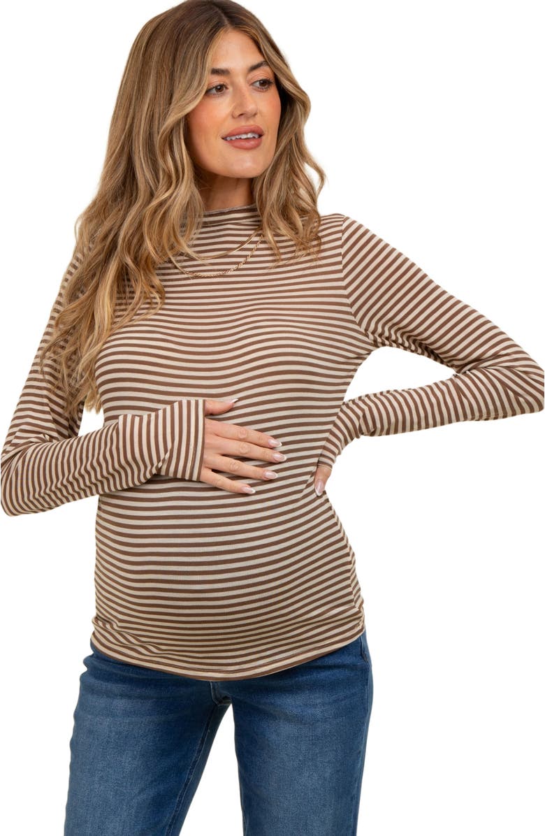 PinkBlush Striped High Neck Long Sleeve Top, Alternate, color, Mocha