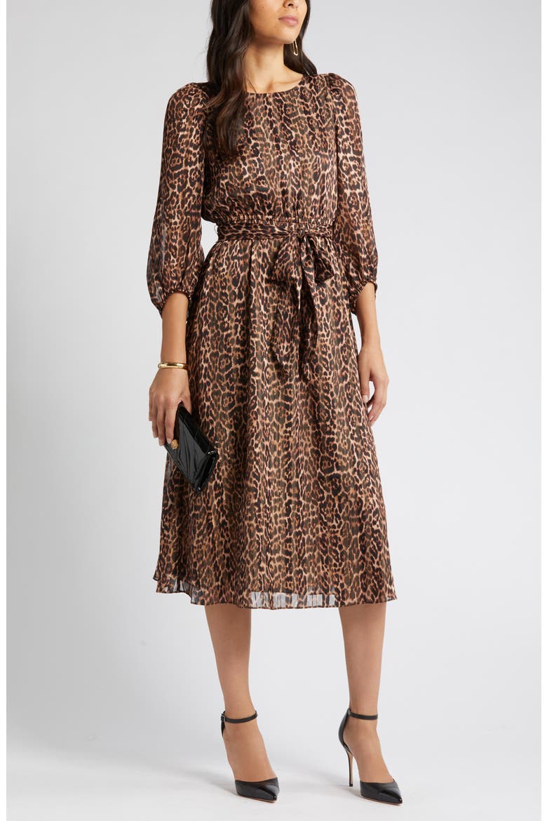 Metallic Leopard Print Long Sleeve Dress, Main, color, LIGHT COFFEE/ VICUNA MU