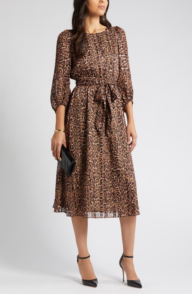 Anne Klein Metallic Leopard Print Long Sleeve Dress, Main, color,