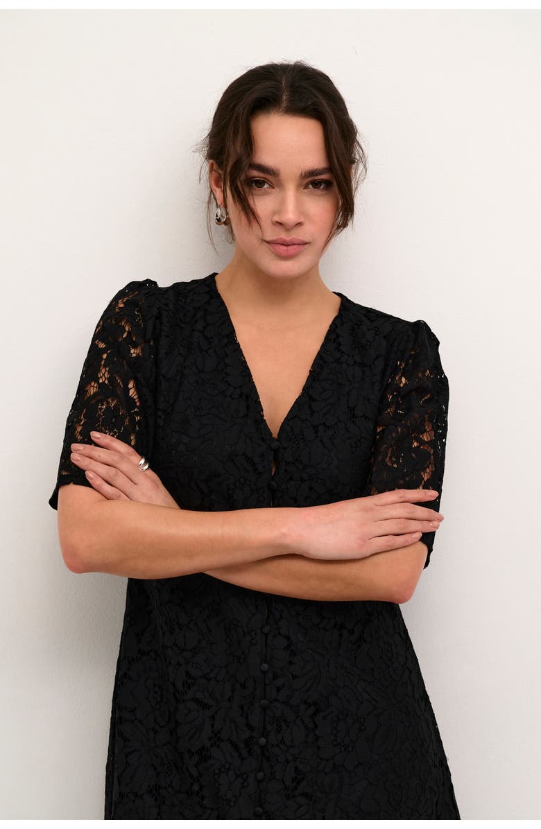 Kaffe Kanomi Lace V-Neck Midi Dress, Alternate, color, Black Deep