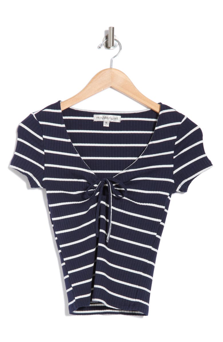 Madden Girl V-Neck Front Keyhole Top, Alternate, color, Navy/ White