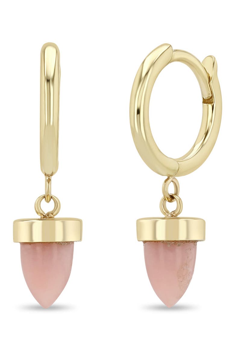 14K Gold Pink Opal Bullet Huggie Hoop Earrings, Main, color, 14K YELLOW GOLD / PINK OPAL