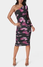 bebe Floral One Sleeve Ruched Mesh Midi Dress