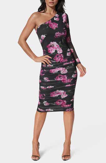 bebe Floral One Sleeve Ruched Mesh Midi Dress