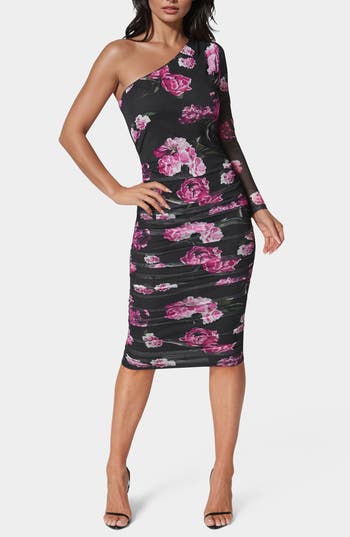 Bebe Floral One Sleeve Ruched Mesh Midi Dress In Multi