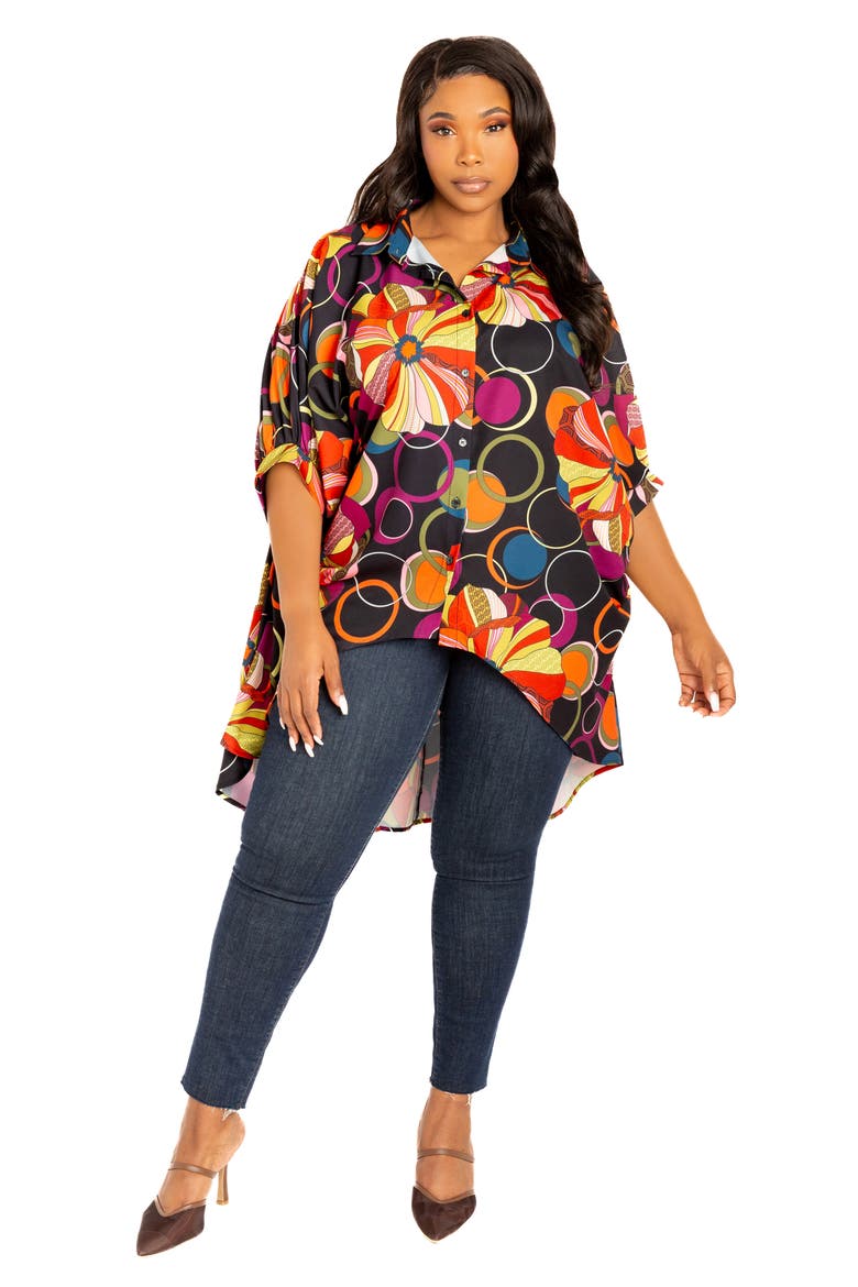 Mixed Geo Print High-Low Button-Up Shirt, Alternate, color, BLACK MULTI