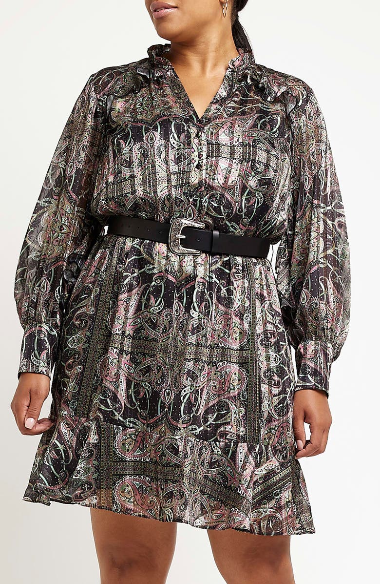 River Island Belted Paisley Print Long Sleeve Chiffon Dress, Alternate, color, 