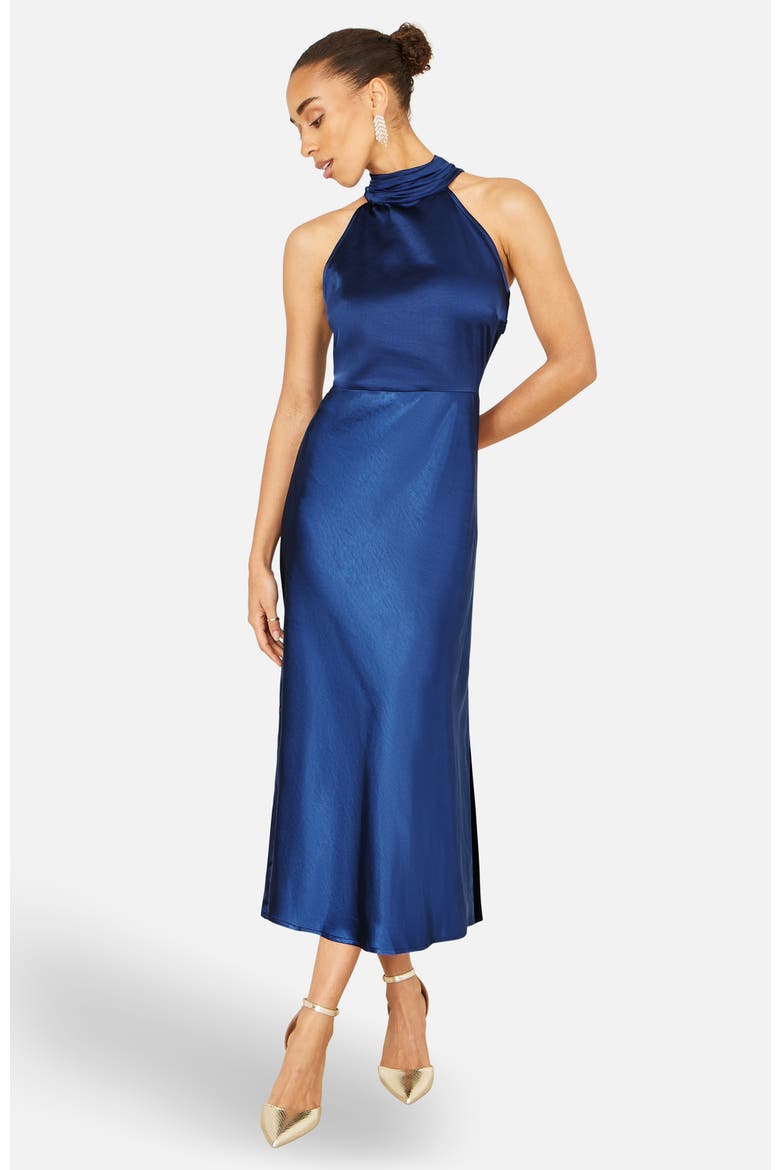 Satin Halter Neck Midi Dress, Alternate, color, Navy