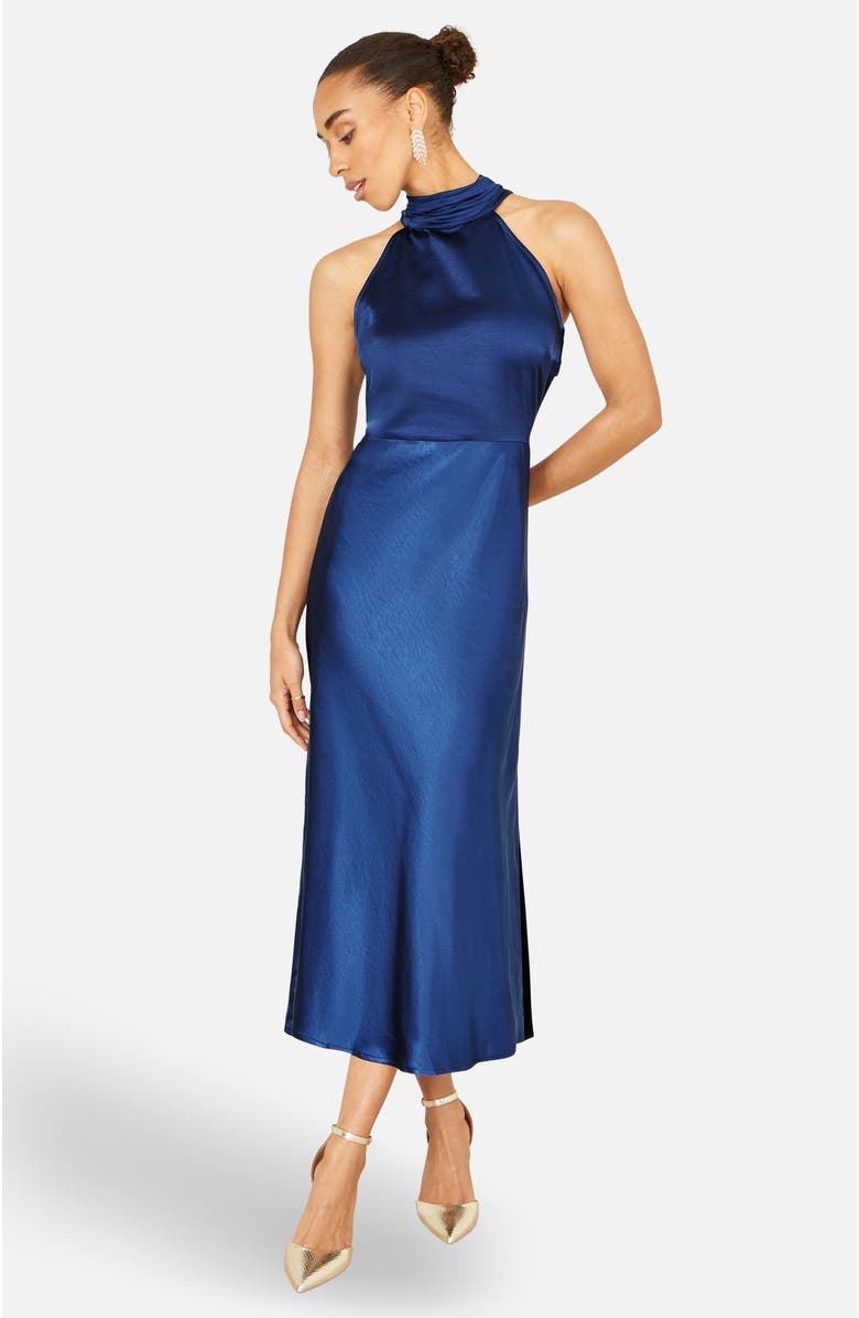 Yumi Satin Halter Neck Midi Dress, Alternate, color, Navy