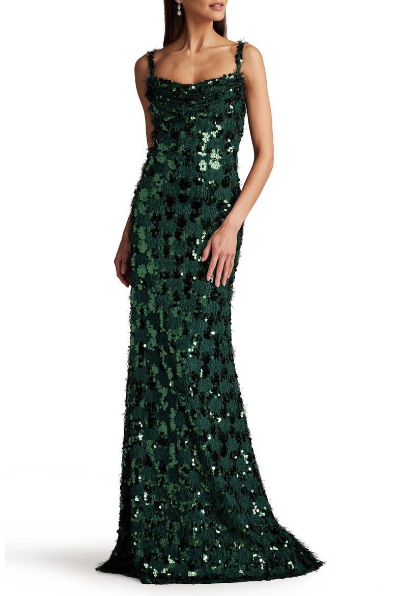 Sequin & Fringe Gown, Alternate, color, JUNGLE GREEN
