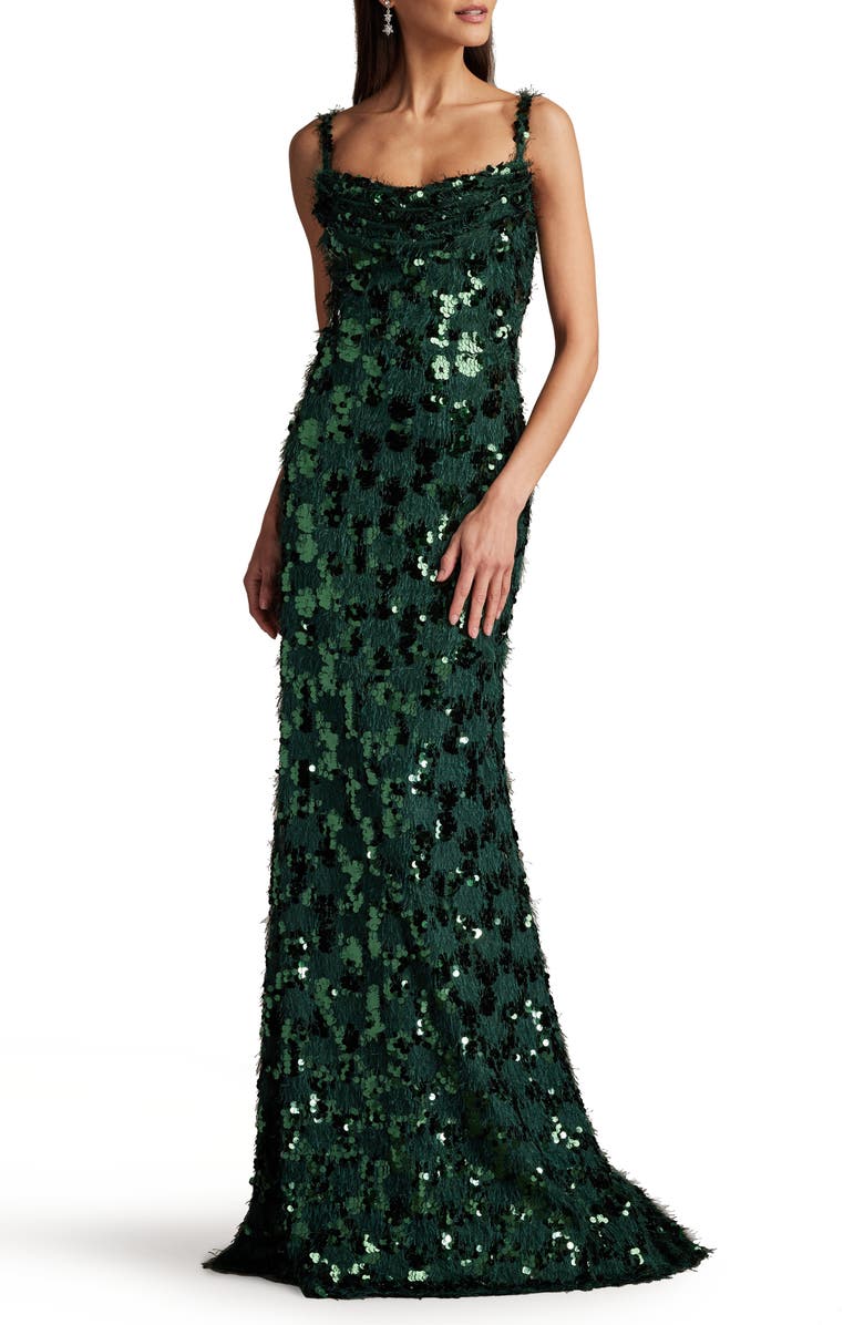 SHO by Tadashi Shoji Sequin & Fringe Gown, Alternate, color, Jungle Green