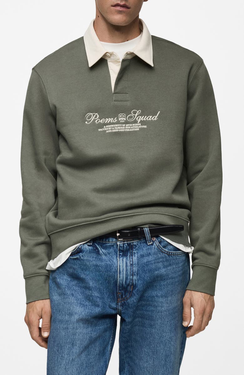 MANGO Poems Squad Cotton Polo Sweatshirt, Main, color, Green