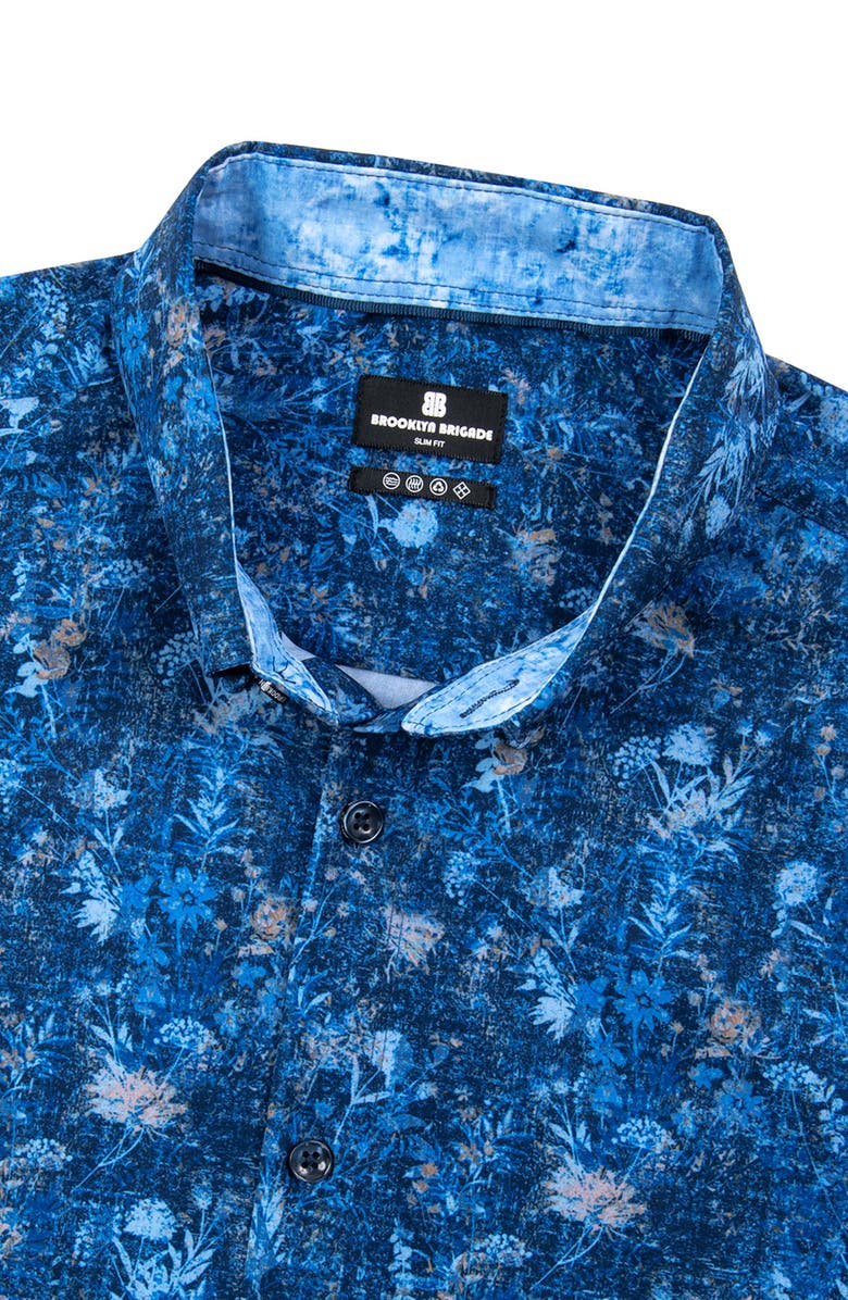 Brooklyn Brigade Slim Fit Barlow Vintage Floral 4-Way Stretch Performance Short Sleeve Shirt, Alternate, color, Navy